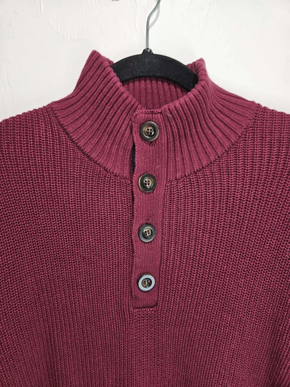 Collars & Co Men's Pullover Sweater 1/4 Button Burgundy Maroon Large Pure Cotton